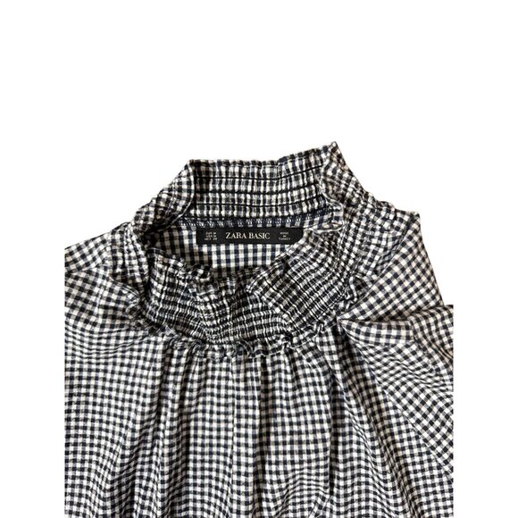 Zara Basic Black White Checked Long Sleeve Dress M 2 Pockets Ruffle Mock Neck - Picture 4 of 11